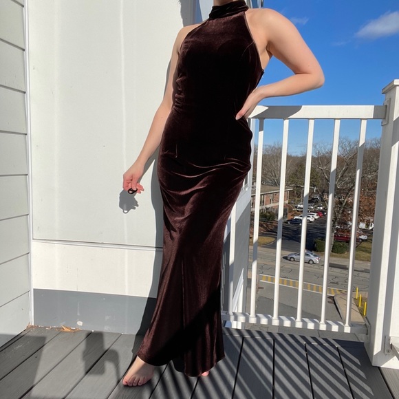 Velvet Maxi Dress Gown Halter Vintage Chocolate Brown Lace Back Corset Top S - Picture 2 of 7